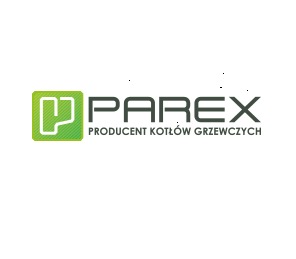 Logo firmy PAREX, producenta kotłów grzewczych, z zielonym kwadratem z białym symbolem w lewym górnym rogu.