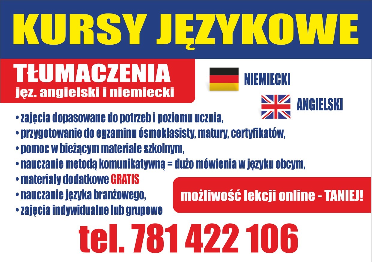 Ogłoszenie kursów językowych i tłumaczeń z flagami Niemiec i Wielkiej Brytanii, informacją o zajęciach online i numerem telefonu.