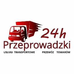 Grafika przedstawiająca czerwony, stylizowany samochód ciężarowy z napisem '24h Przeprowadzki', 'Usługi Transportowe' i 'Przewóz Towarów', logo firmy.