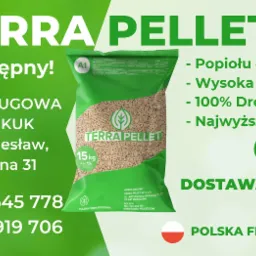 Reklama firmy INTER-KUK oferującej wysokokaloryczny produkt w worku 15kg z logo Terra Pellet, informacja o niskiej zawartości popiołu, dostawa do domu, kontakt telefoniczny i adres firmy.