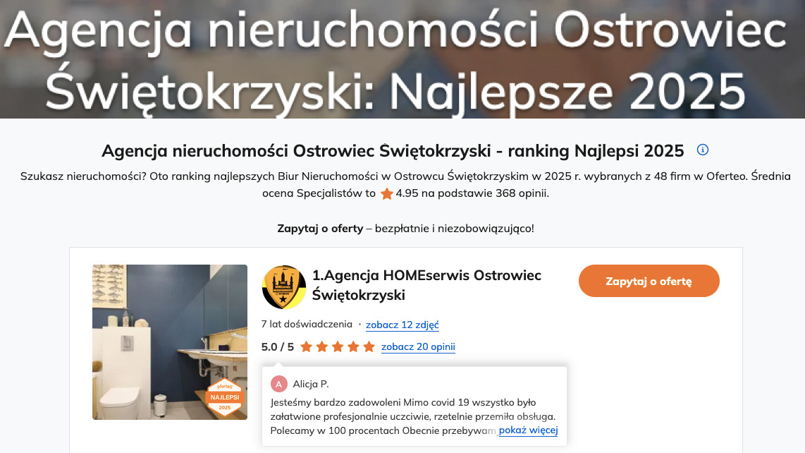 Ranking agencji nieruchomości HOMEserwis Ostrowiec Świętokrzyski, z oceną 5.0/5 i pozytywną opinią klientki Alicji P. na tle zdjęcia łazienki.