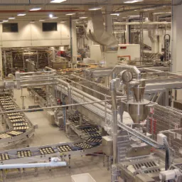 Wnętrze hali produkcyjnej z liniami technologicznymi do produkcji ciastek na blachach, widok z góry, z widocznymi elementami konstrukcji stalowej i systemami wentylacji.