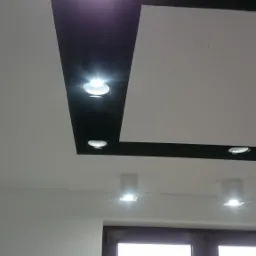 Biały sufit z czarną wstawką i punktowym oświetleniem LED, widok na okno z zielonym krajobrazem w tle.