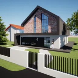 Wizualizacja nowoczesnego domu jednorodzinnego z ceglaną elewacją, dużymi oknami i garażem z numerem 4, otoczonego ogrodzeniem i zielenią, z sylwetką osoby stojącej obok.