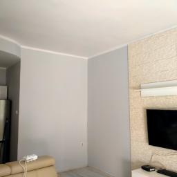 Perfect House K&S - Jasnoszary salon z dekoracyjną ścianą z jasnego kamienia, na której wisi telewizor. Widoczny fragment beżowej sofy i osoba w tle.