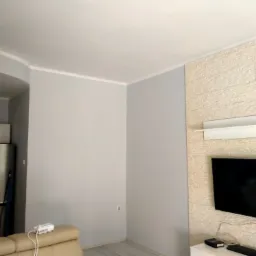 Jasnoszary salon z dekoracyjną ścianą z jasnego kamienia, na której wisi telewizor. Widoczny fragment beżowej sofy i osoba w tle.