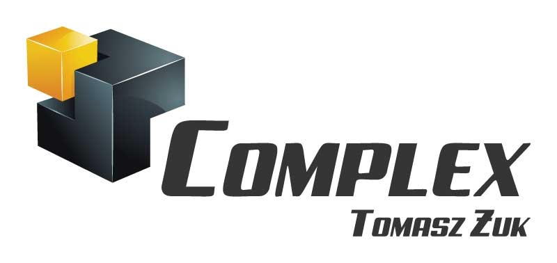 Logo firmy Complex Tomasz Żuk, przedstawiające abstrakcyjny, trójwymiarowy kształt z czarnych bloków z wystającym żółtym sześcianem, obok nazwa firmy napisaną pogrubioną czcionką.