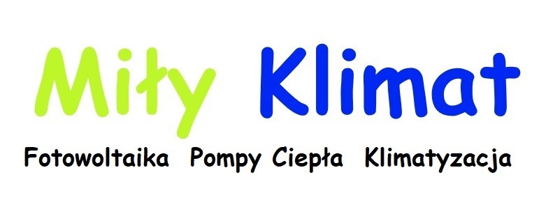 Logo firmy 'Mity Klimat' oferującej usługi w zakresie fotowoltaiki, pomp ciepła i klimatyzacji, nazwa firmy zapisana zieloną i niebieską czcionką.