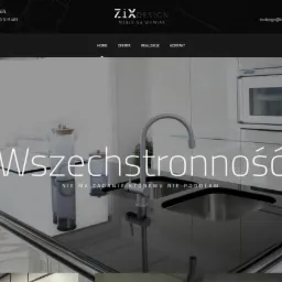 Strona internetowa firmy Zix Design prezentująca meble na wymiar, z widocznym fragmentem nowoczesnej kuchni z czarnym blatem i minimalistycznym zlewem.