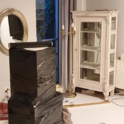 Dwa kartony zabezpieczone czarną folią stretch, gotowe do transportu, obok antyczna witryna i okrągłe lustro w ozdobnej ramie