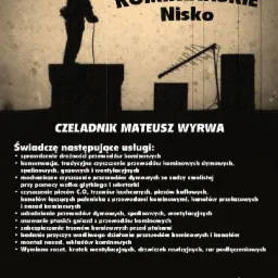 Grafika reklamowa usług związanych z czyszczeniem i konserwacją kominów, przedstawiająca sylwetkę osoby w cylindrze na dachu oraz spis oferowanych usług.