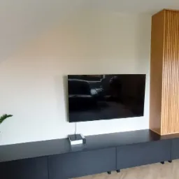 Zabudowa pod telewizor z szafkami w kolorze grafitowym i wysoką szafą z lamelami z jasnego drewna, uzupełniona rośliną doniczkową, pod skosem sufitu.