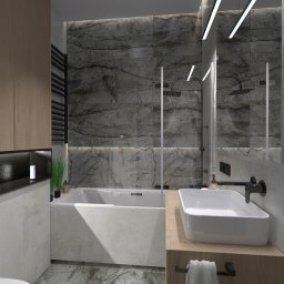 Conceptbe Pracownia Architektury Wnętrz - Nowoczesna łazienka z wanną obudowaną kamieniem, umywalką nablatową i grafitowym grzejnikiem drabinkowym.