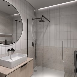 Conceptbe Pracownia Architektury Wnętrz - Wizualizacja łazienki z okrągłym lustrem z podświetleniem LED, białą umywalką nablatową na drewnianej szafce, kabiną prysznicową typu walk-in z czarną armaturą i płytkami w dwóch odcieniach: białym...