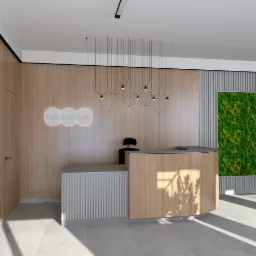 Nowoczesne biuro: drewniana recepcja z logo firmy pod minimalistyczną lampą, obok ściana z mchu i abstrakcyjny obraz.