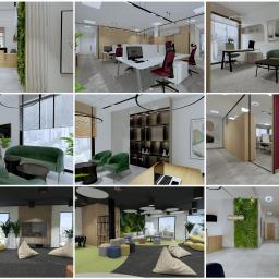 Conceptbe Pracownia Architektury Wnętrz - Wizualizacja różnych przestrzeni biurowych: recepcja z zieloną ścianą, stanowiska pracy z białymi biurkami i bordowymi krzesłami, strefa relaksu z pufami i widokiem na miasto, sala konferencyjna za...