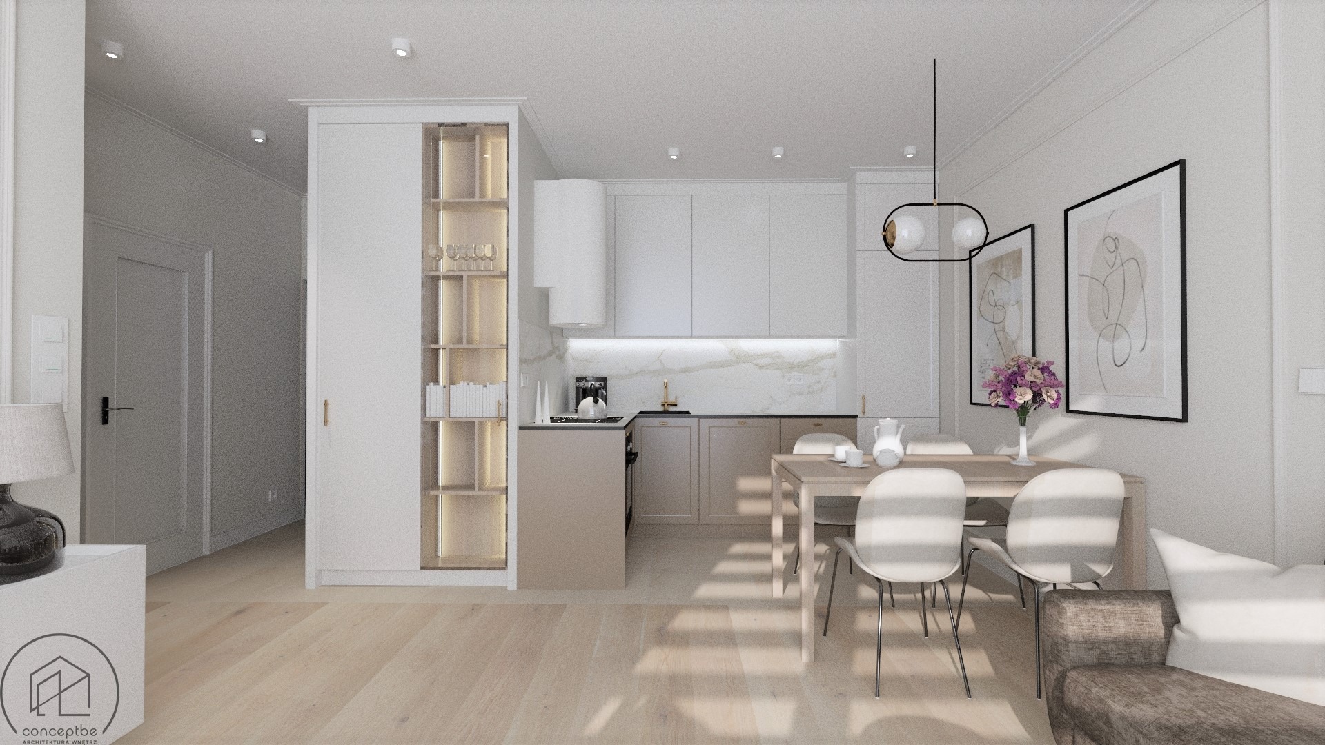 Wizualizacja wnętrza mieszkania: jasna kuchnia z marmurowym blatem, drewniany stół jadalny z białymi krzesłami, minimalistyczne obrazy na ścianie, przeszklona witryna z oświetleniem. Widoczny...
