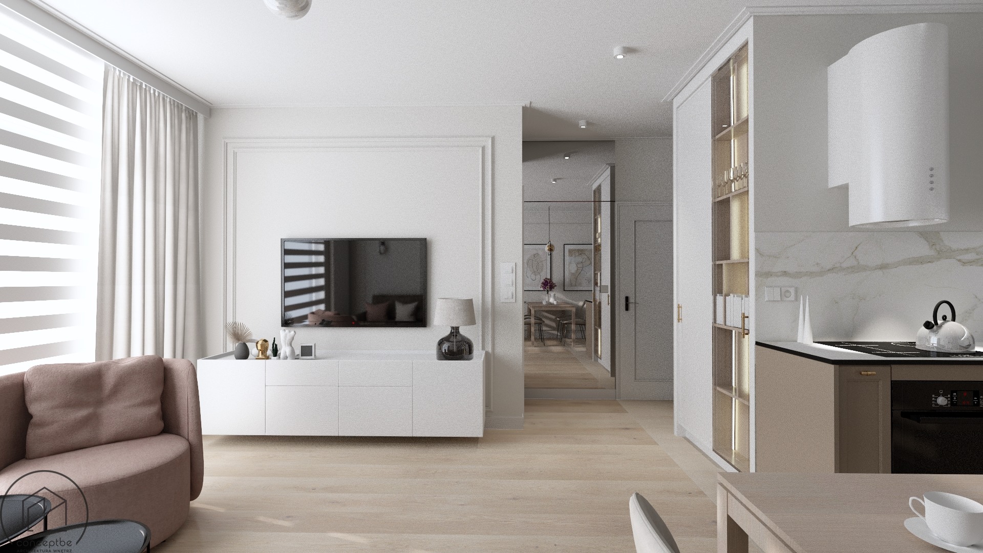 Jasne, przestronne wnętrze mieszkania z salonem, kuchnią i jadalnią w stylu minimalistycznym, z elementami dekoracyjnymi w odcieniach bieli, beżu i pudrowego różu, parkiet w jodełkę.