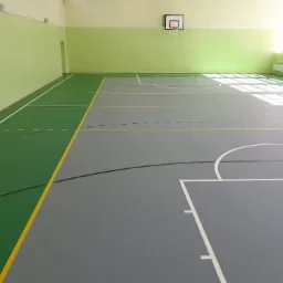 Sala gimnastyczna z szarą posadzką, zielonymi strefami i koszem do koszykówki na ścianie, oświetlona naturalnym światłem wpadającym przez okna.