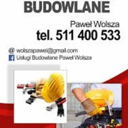 Folder reklamowy firmy remontowo-budowlanej Pawła Wolszy z numerem telefonu i adresem email, zawierający wizerunek kasku ochronnego, narzędzi i fragmentu sylwetki pracownika w rękawicach.
