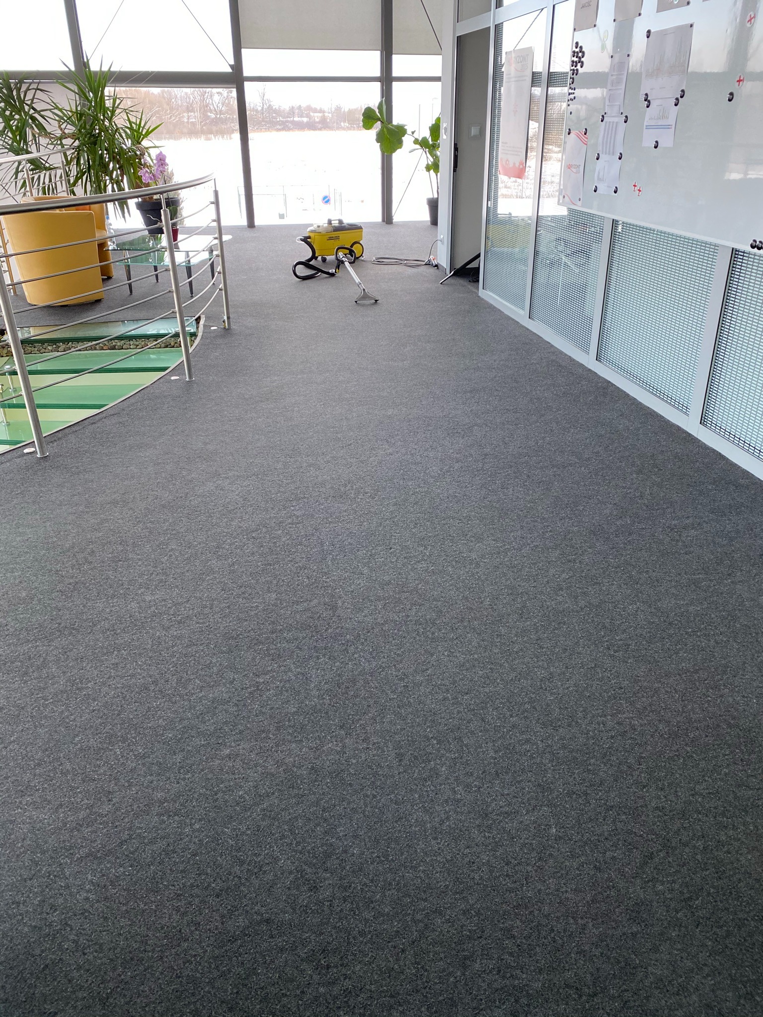 Szary dywan w nowoczesnym biurze, na którym stoi żółty odkurzacz piorący Kärcher, z widokiem na przeszklone okna i rośliny doniczkowe w tle.