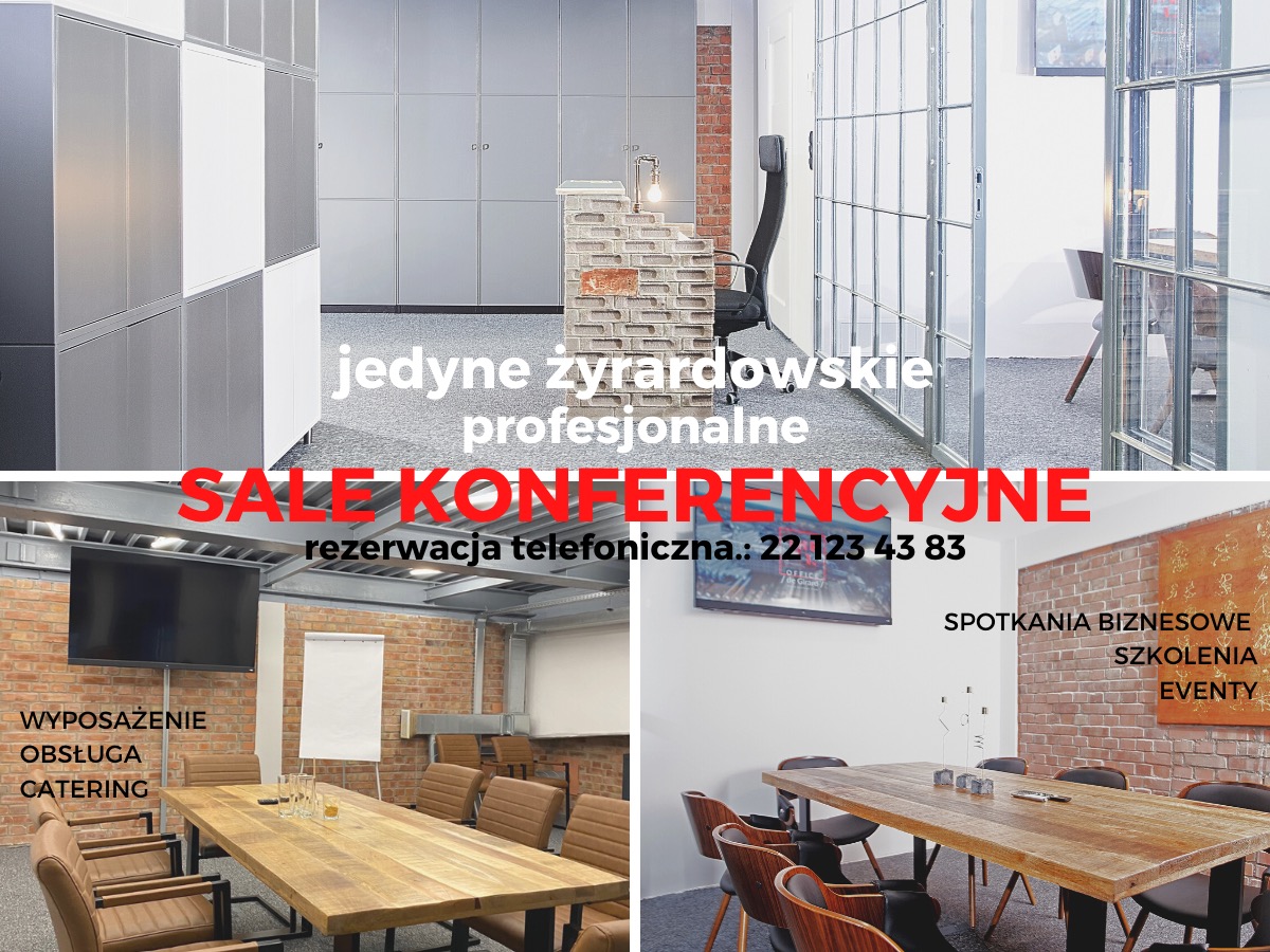 Profesjonalne sale konferencyjne w Żyrardowie: nowoczesne biuro z recepcją z cegieł, sala z dużym stołem, krzesłami i wyposażeniem audiowizualnym, idealne na spotkania biznesowe, szkolenia i eventy...
