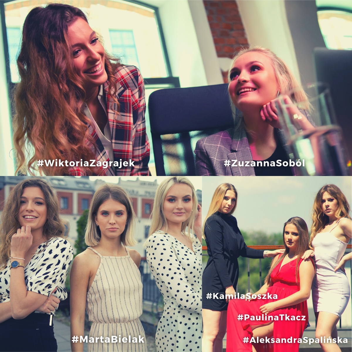 Kolaż zdjęć sześciu młodych kobiet, dwie w przestrzeni biurowej, cztery na zewnątrz, każda podpisana imieniem i nazwiskiem na dole zdjęcia.