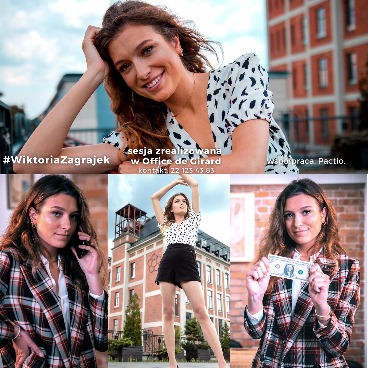 Kolaż zdjęć kobiety: uśmiechnięta twarz na tle budynku, rozmowa przez telefon w biurze, pozowanie na zewnątrz budynku, trzymanie banknotu dolarowego.