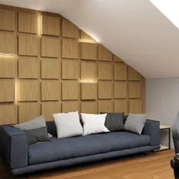Pokój na poddaszu z drewnianą ścianą w kwadraty z oświetleniem LED, niebieska sofa i fotel gamingowy. Całość w neutralnej kolorystyce.