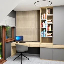 Wizualizacja biura w pokoju na poddaszu z biurkiem, regałem na książki i szafą w szarych kolorach, drewniane lamele na ścianie, okno z widokiem na zieleń.