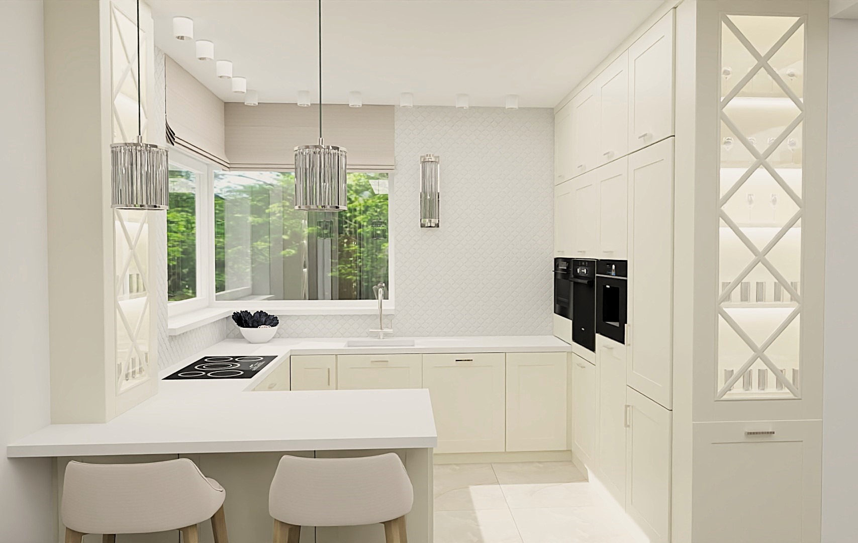 Jasna kuchnia z wyspą, nowoczesne lampy wiszące, zabudowa z oświetloną witryną na wino. Widok na zieleń zza okna.