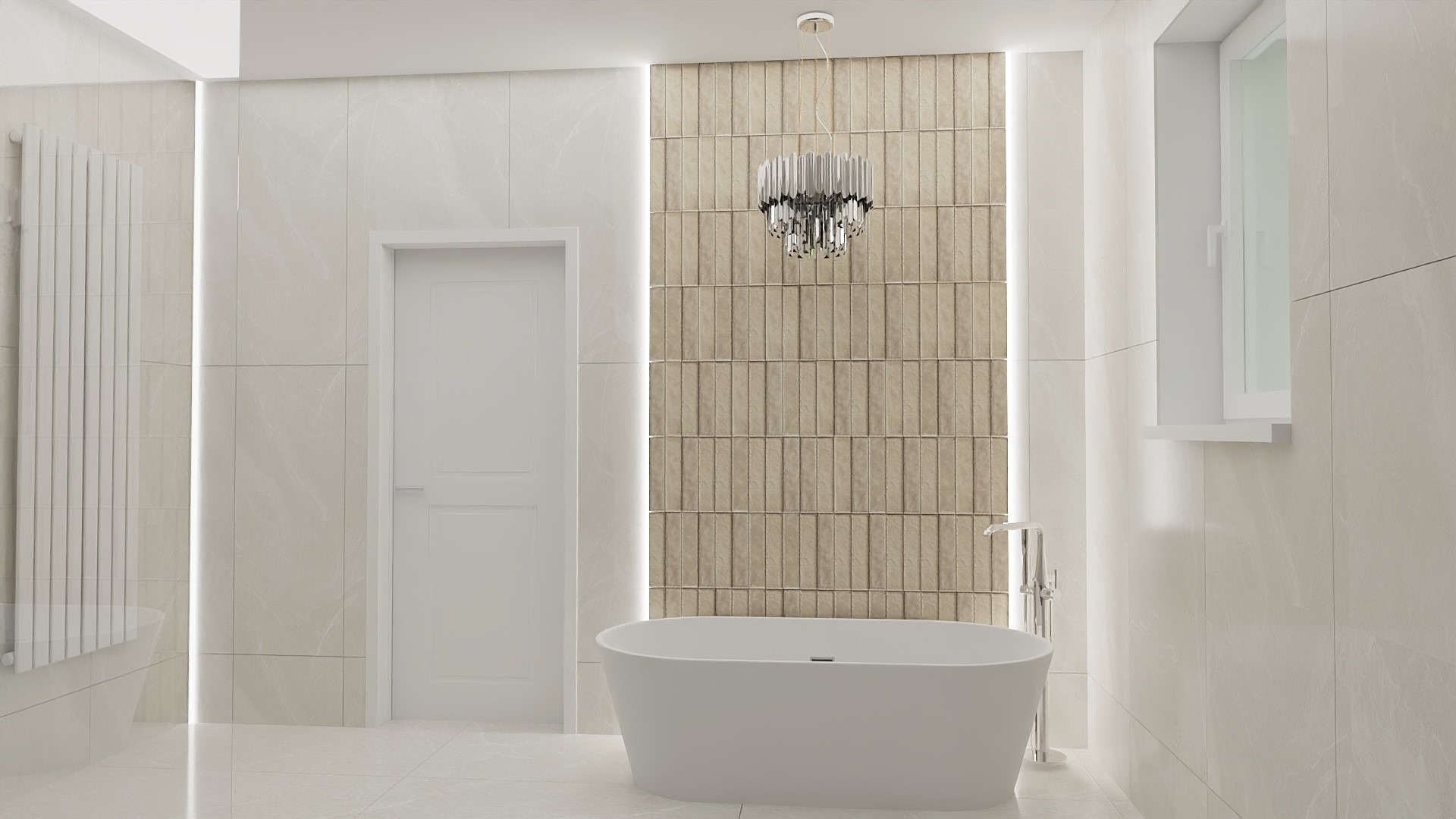 Nowoczesna łazienka z wolnostojącą wanną, beżową ścianą z płytek, kryształowym żyrandolem i białymi płytkami. Minimalistyczny design, jasne oświetlenie.