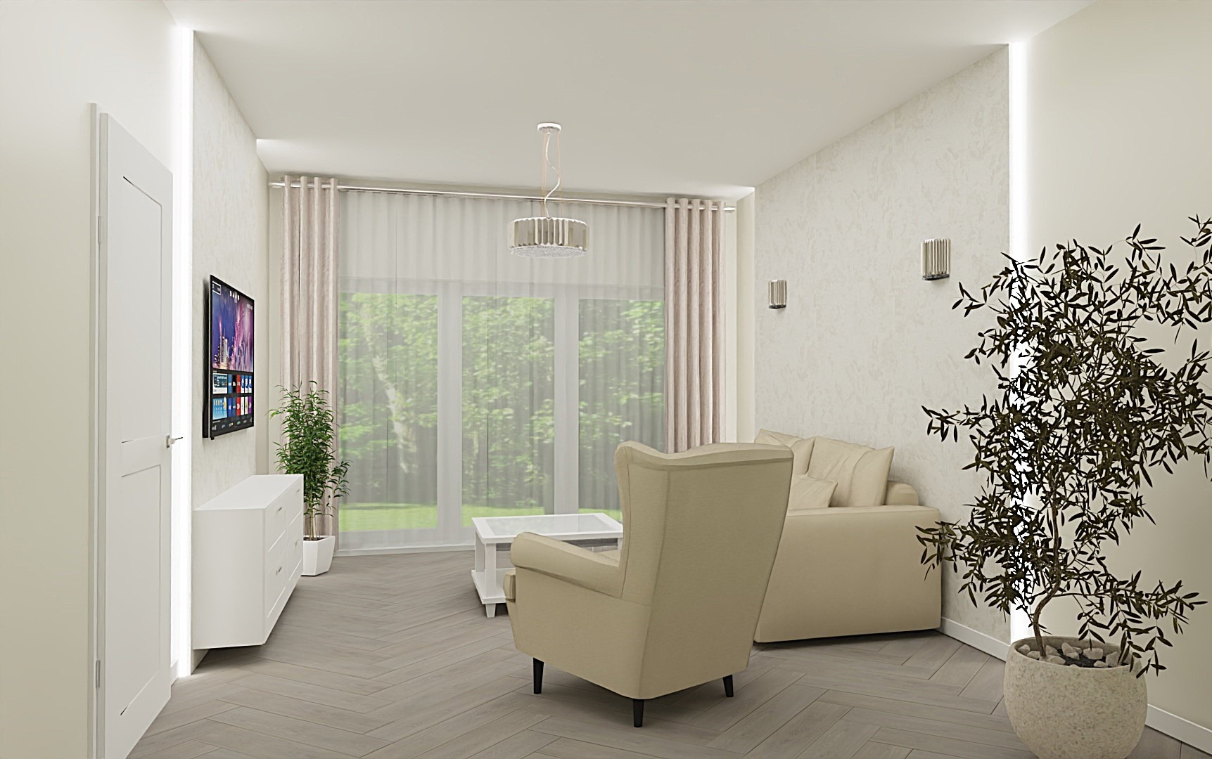 Jasny salon z parkietem w jodełkę, beżową sofą i fotelem. Duże okno z widokiem na zieleń. Nowoczesne oświetlenie i dekoracje roślinne dopełniają aranżację.