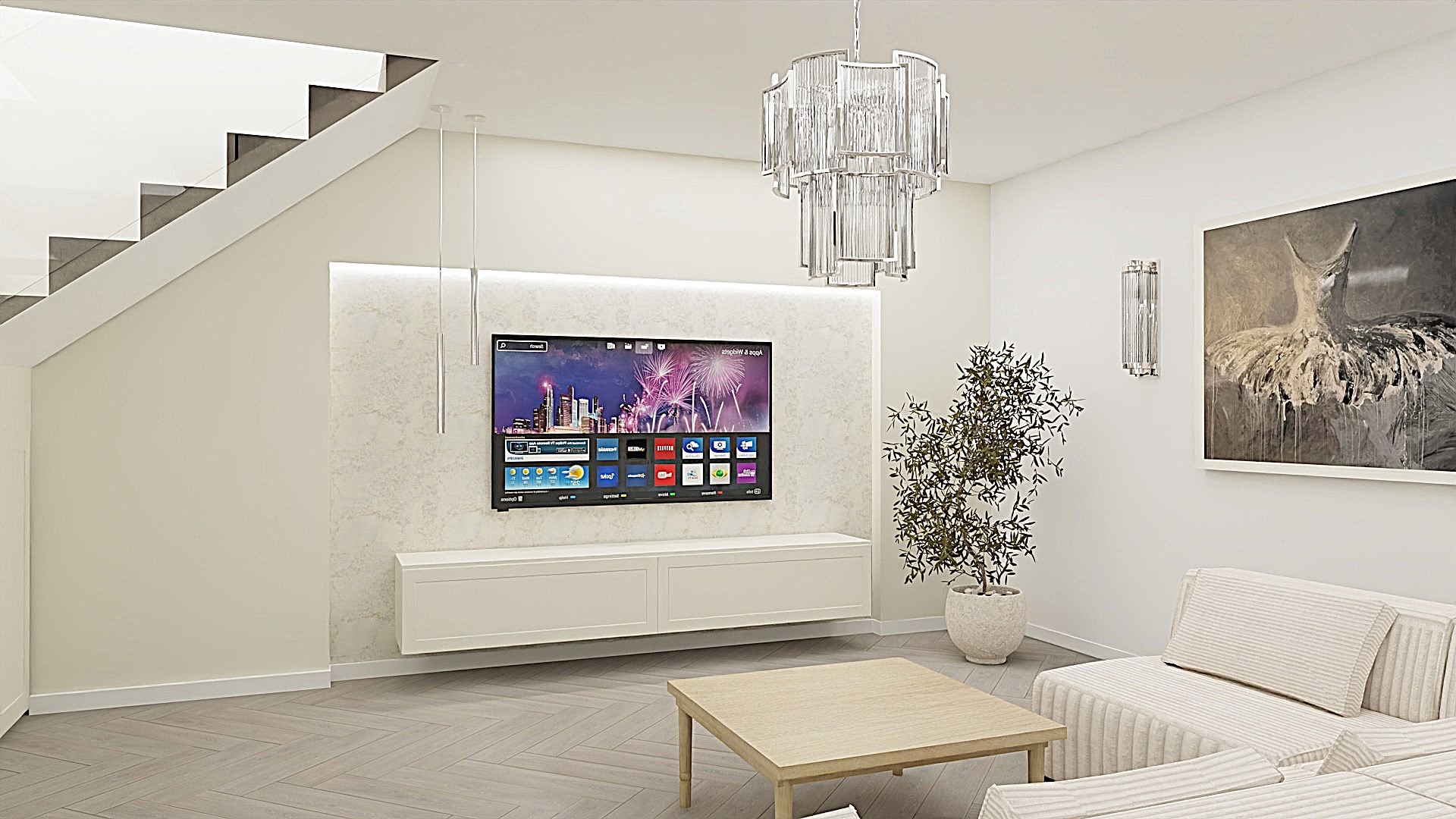 Jasne wnętrze salonu z telewizorem, sofą i schodami. Minimalistyczny design z drewnianą podłogą i nowoczesnym oświetleniem.