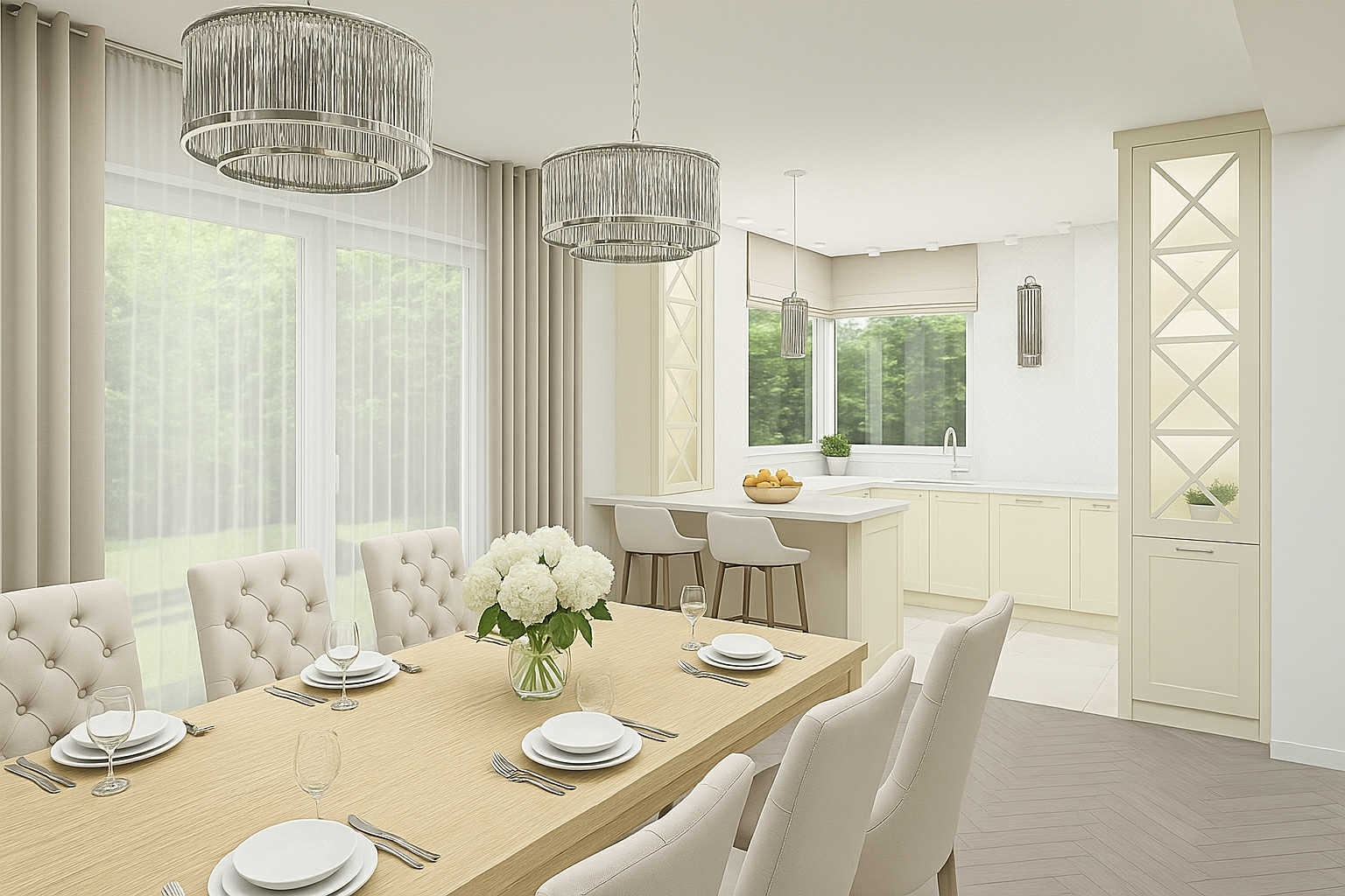 Elegancka jadalnia z jasnym drewnianym stołem, krzesłami w stylu Ludwika, kwiatami i nowoczesnymi lampami wiszącymi na tle kuchni w pastelowych odcieniach.