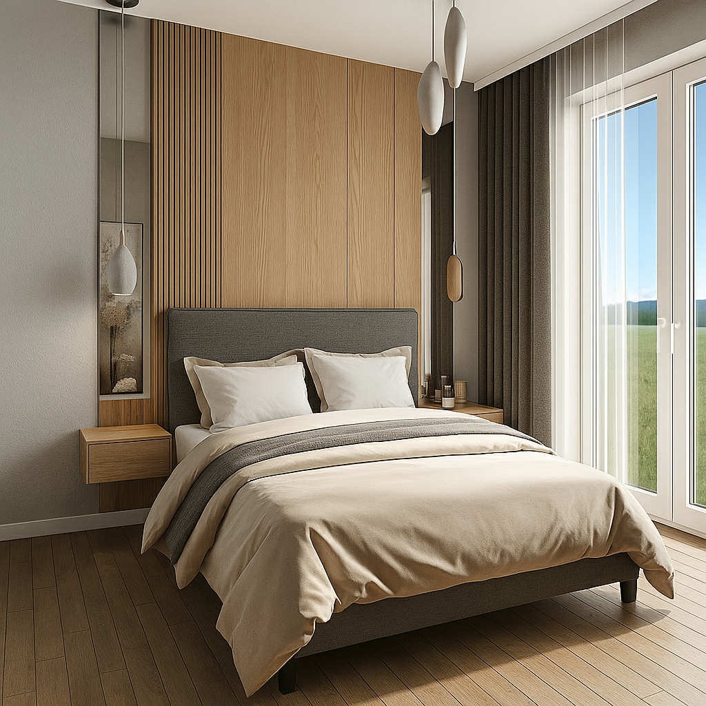 Nowoczesna sypialnia z drewnianą ścianą za wezgłowiem łóżka, wiszącymi lampami i dużym oknem z widokiem na zieleń. Minimalistyczny styl i ciepła kolorystyka.