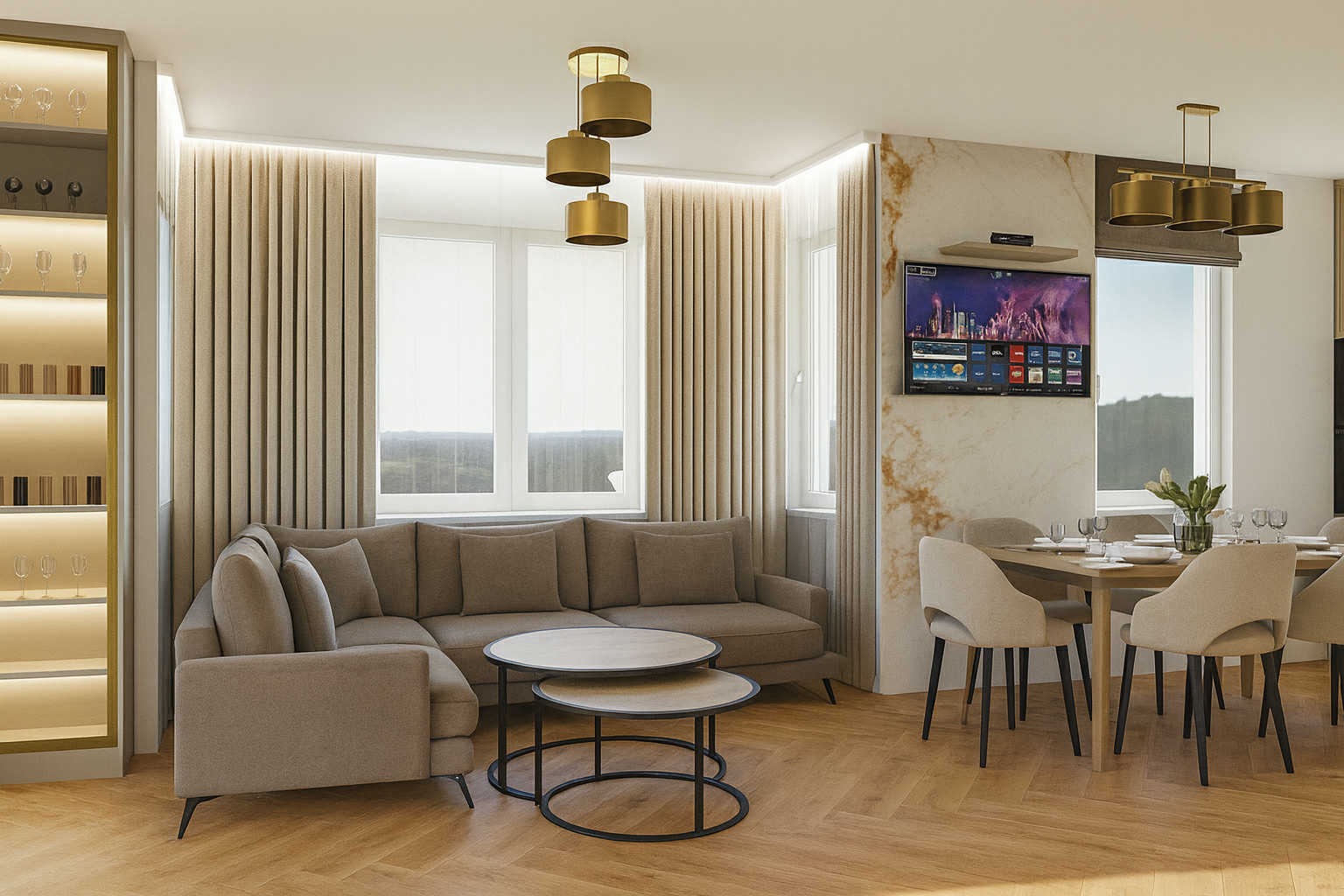 Elegancki salon z narożną sofą, stolikami kawowymi i jadalnią z widokiem na zewnątrz. Uwagę przykuwają lampy wiszące i marmurowa ściana z telewizorem.