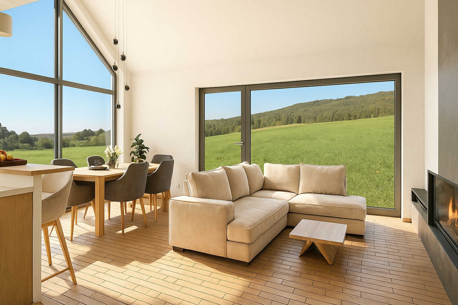 Jasne wnętrze z dużym oknem w Mazańcowicach: beżowa sofa narożna, drewniany stół z krzesłami i widok na zielony krajobraz. Minimalistyczny design.