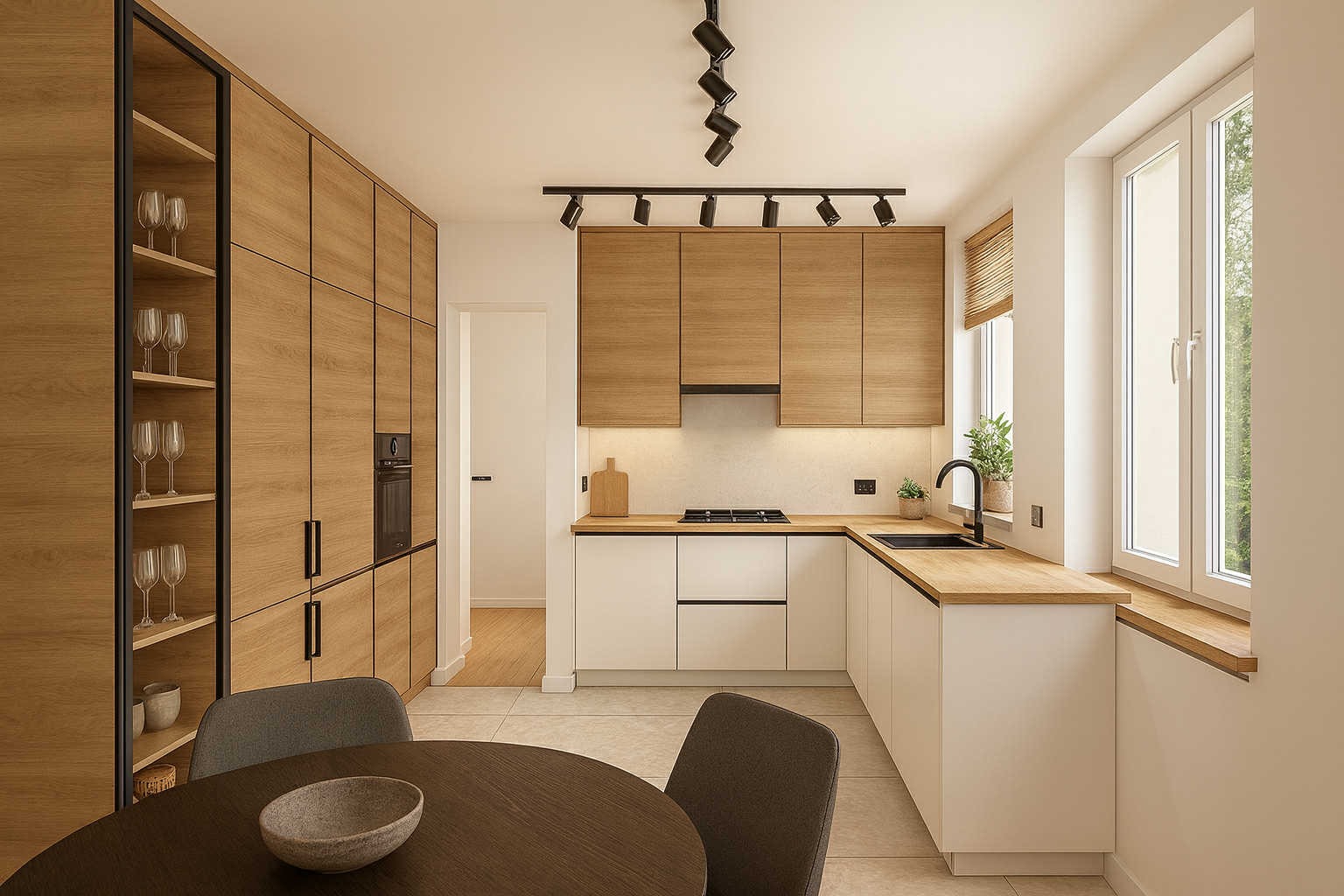 Nowoczesna kuchnia z drewnianymi frontami i białymi szafkami, oświetlona reflektorami, z okrągłym stołem i szklanymi półkami w zabudowie. Minimalistyczny design.