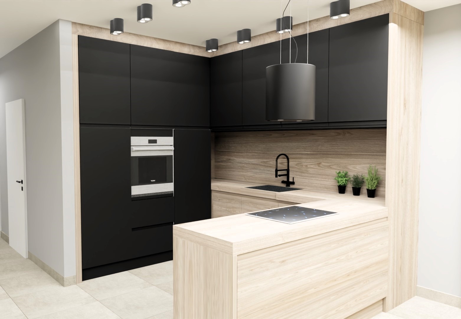 Wizualizacja nowoczesnej kuchni: czarne, matowe szafki, drewniane blaty i wyspa. Minimalistyczny design z oświetleniem punktowym i roślinami doniczkowymi.