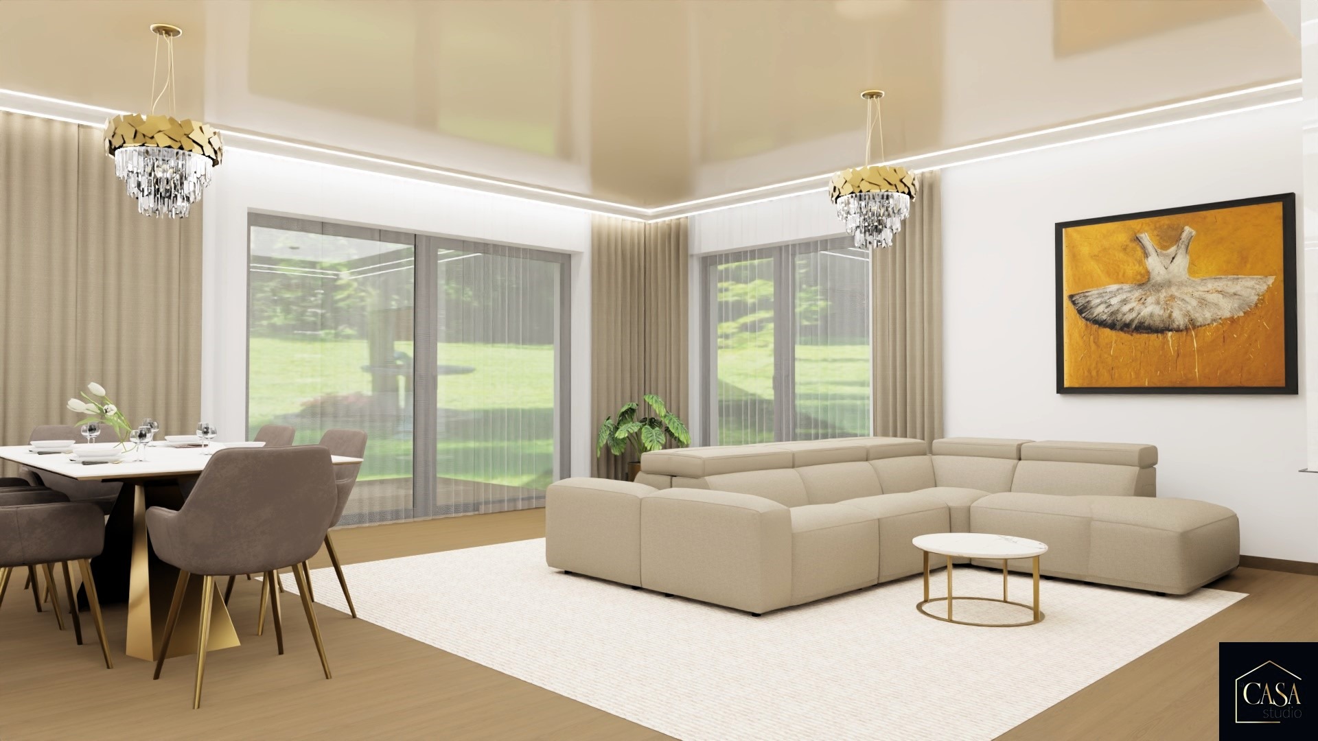 Jasne, przestronne wnętrze: beżowa sofa narożna, stół z krzesłami, kryształowe lampy, obraz baletnicy. Duże okna z widokiem na zieleń. Nowoczesny design.