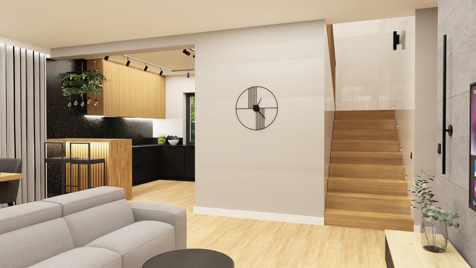 Wnętrze domu z otwartą kuchnią z drewnianymi frontami, schodami i szarą sofą. Na ścianie zegar, a nad blatem wisząca roślina. Nowoczesny design.