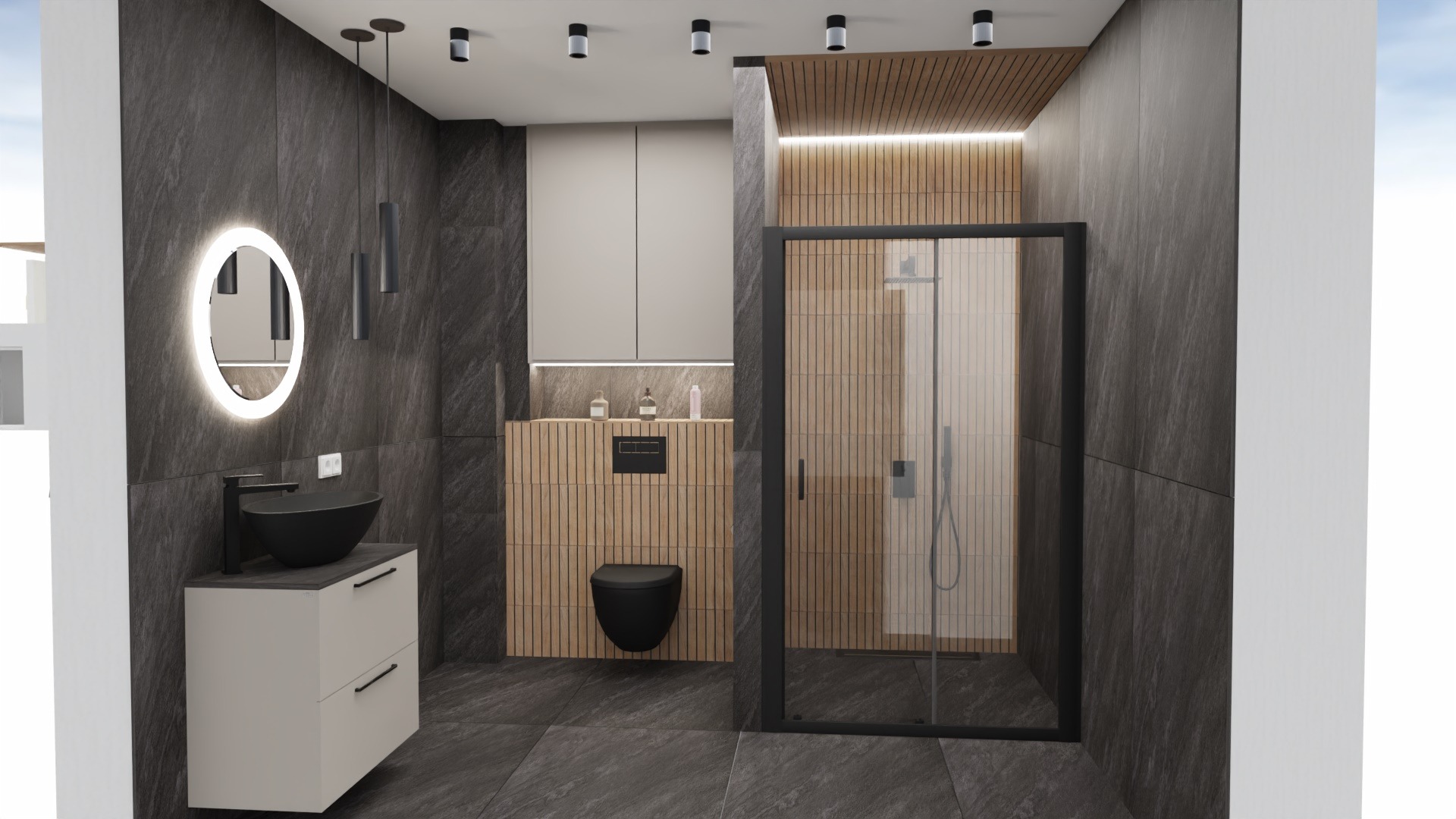 Nowoczesna łazienka z czarną armaturą, okrągłym lustrem z podświetleniem LED i kabiną prysznicową. Ściany wykończone grafitową płytką imitującą kamień.