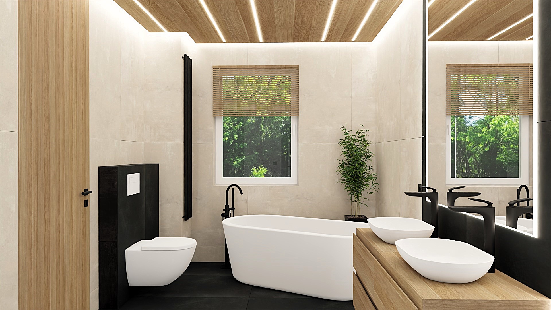 Nowoczesna łazienka z drewnianym sufitem i beżowymi płytkami. Czarna armatura, biała wanna i umywalki nablatowe. Okno z żaluzjami i zielona roślina.