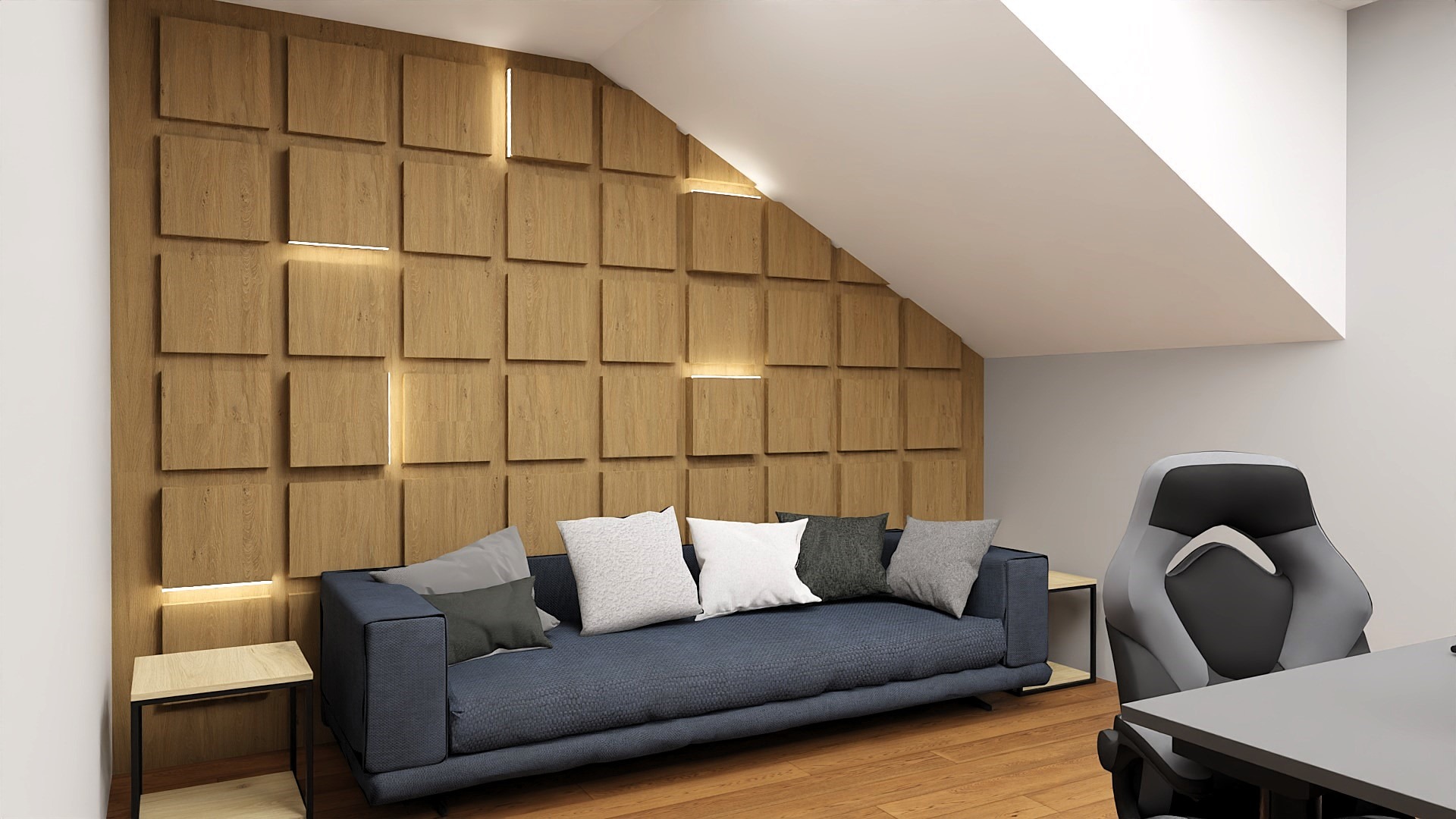 Pokój na poddaszu z drewnianą ścianą w kwadraty z oświetleniem LED, niebieska sofa i fotel gamingowy. Całość w neutralnej kolorystyce.