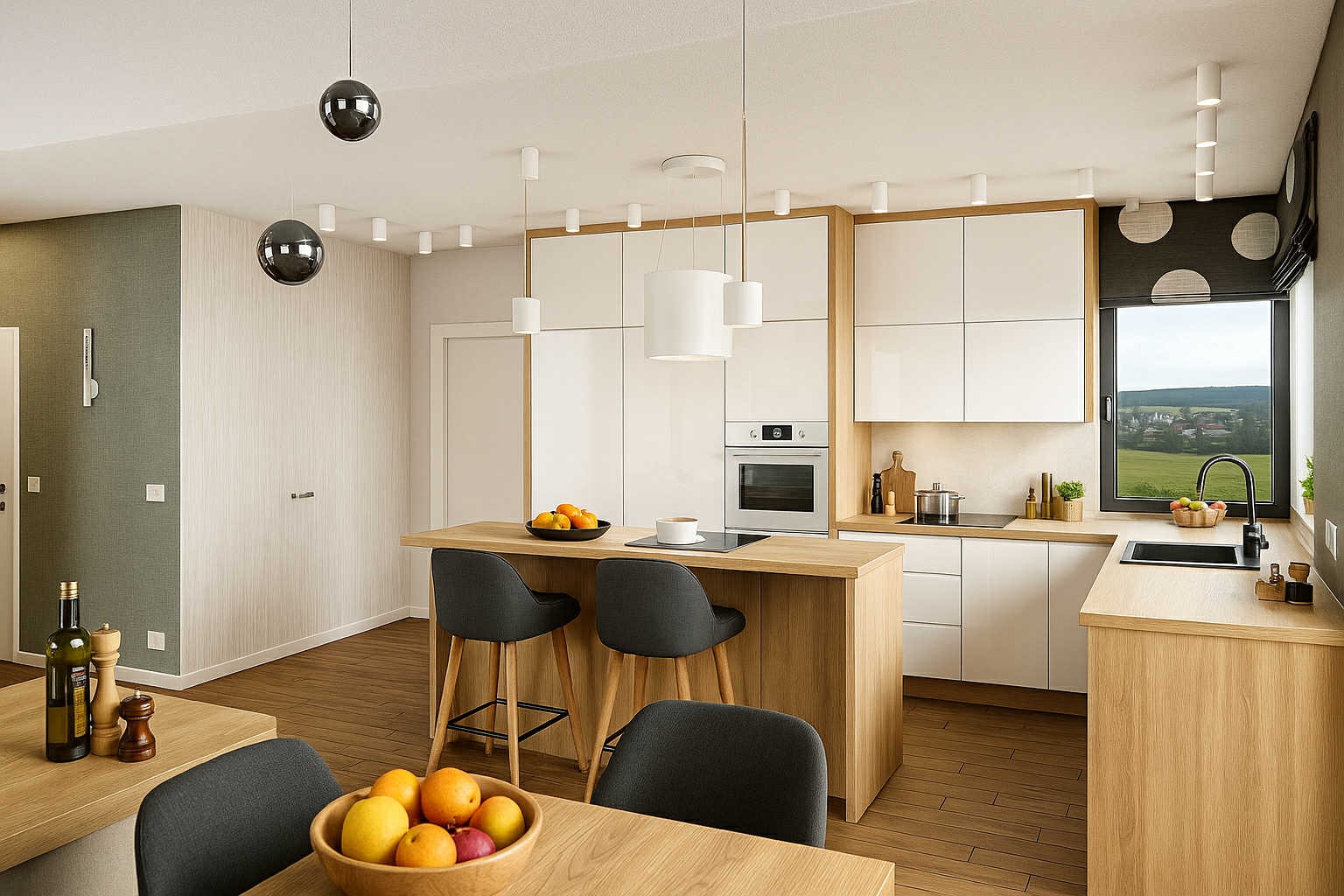 Nowoczesna kuchnia z wyspą i drewnianymi akcentami. Białe szafki, szare krzesła barowe i owoce na stole tworzą przytulną atmosferę. Widok na zieleń za oknem.