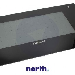 serwisagd - Szklane drzwi piekarnika Samsung z widocznym logo, z otworami montażowymi w rogach, leżące na białym tle.