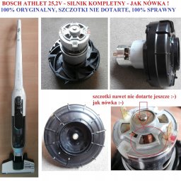 serwisagd - Silnik do odkurzacza Bosch Athlet 25.2V, kompletny i w stanie 'jak nowy', z niezużytymi szczotkami, przedstawiony w kilku ujęciach, w tym zbliżenie na szczotki z zaznaczeniem.