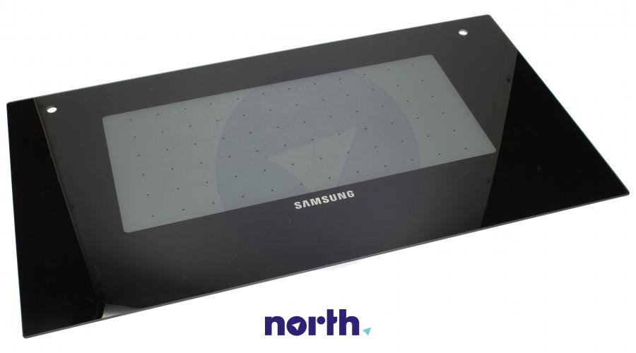 Szklane drzwi piekarnika Samsung z widocznym logo, z otworami montażowymi w rogach, leżące na białym tle.