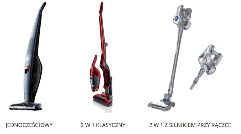 Prezentacja trzech różnych modeli bezprzewodowych odkurzaczy pionowych na białym tle, z widocznymi napisami pod każdym modelem.